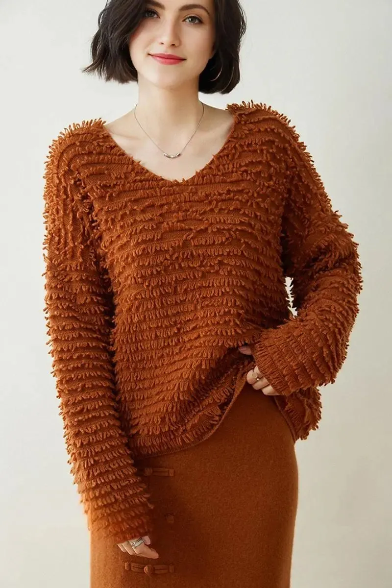 100 Cashmere Chunky Loop-Knit V-Neck Sweater