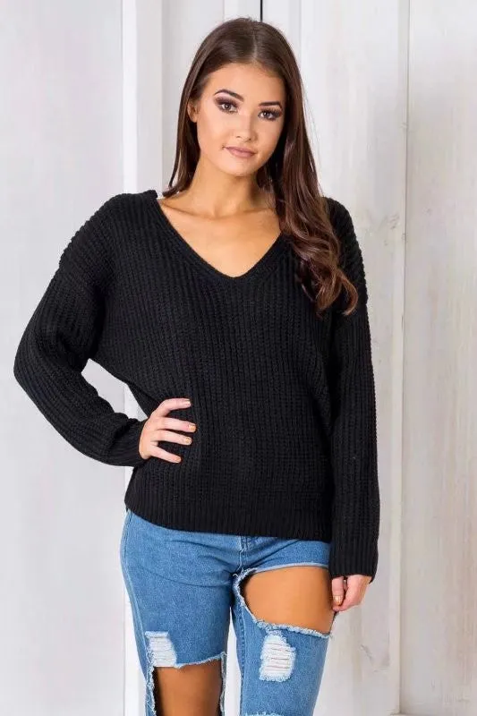 Back Cross Pure Color Long Sleeves V-neck Sweater