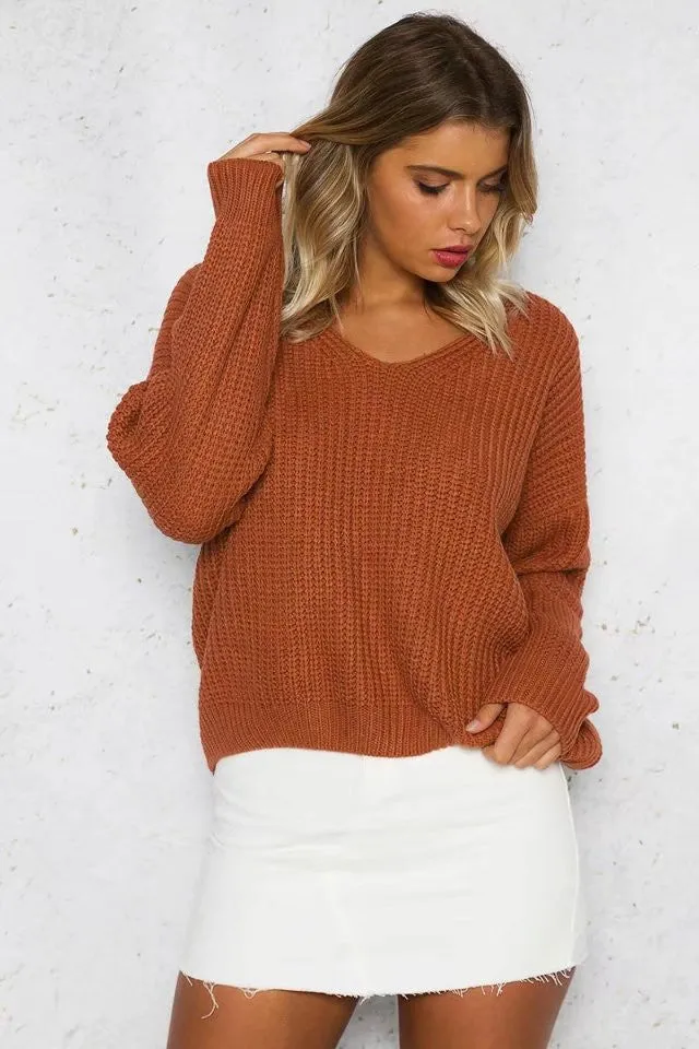 Back Cross Pure Color Long Sleeves V-neck Sweater