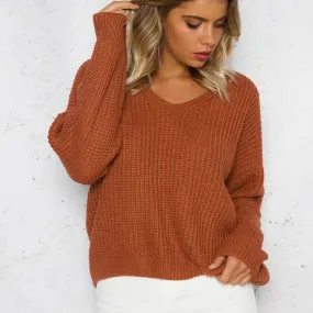 Back Cross Pure Color Long Sleeves V-neck Sweater