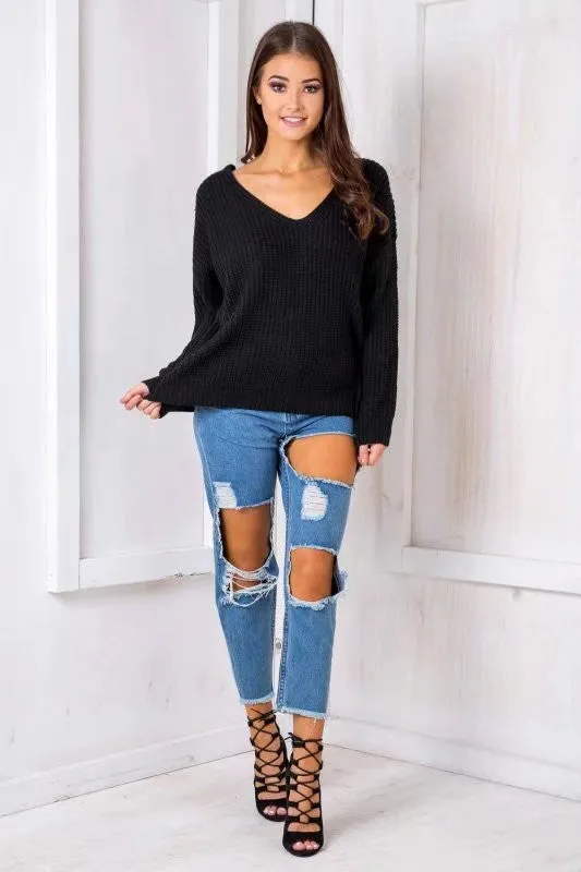 Back Cross Pure Color Long Sleeves V-neck Sweater