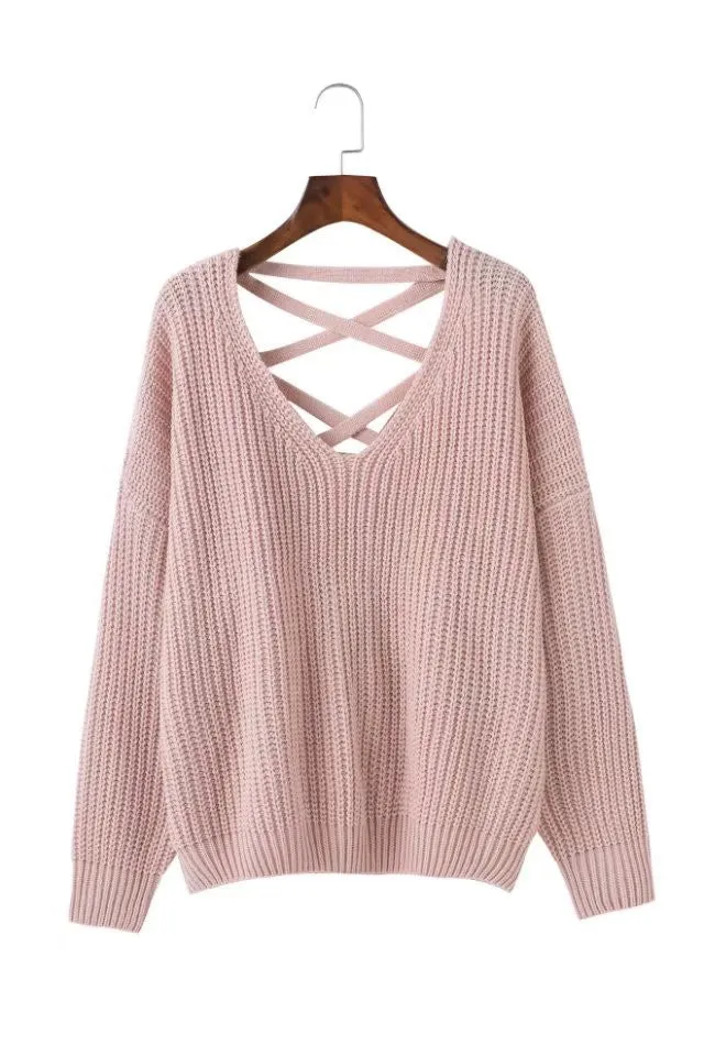 Back Cross Pure Color Long Sleeves V-neck Sweater