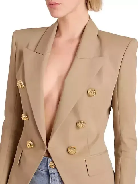 Beige Fitted Cotton Blazer with Gold Spiral Buttons