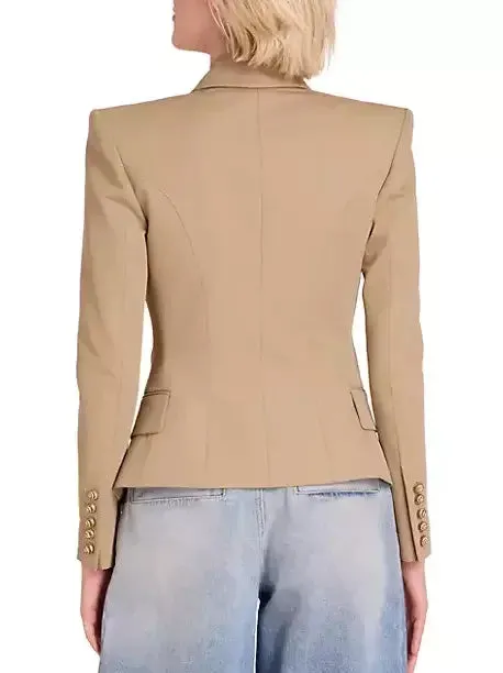 Beige Fitted Cotton Blazer with Gold Spiral Buttons