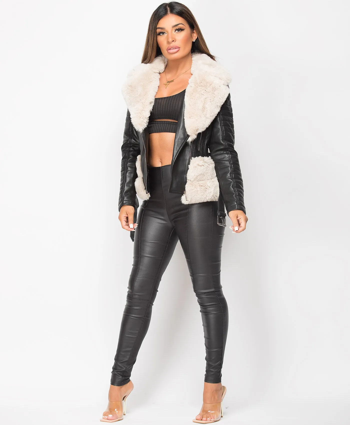 Black Beige Faux Fur Trim PU PVC Belted Biker Jacket