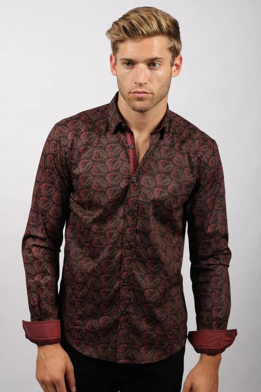 Black Paisley Button Down Shirt W/Trim H-1827