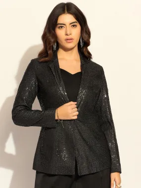 Black Polyester Squined Single-Breasted Party Blazer