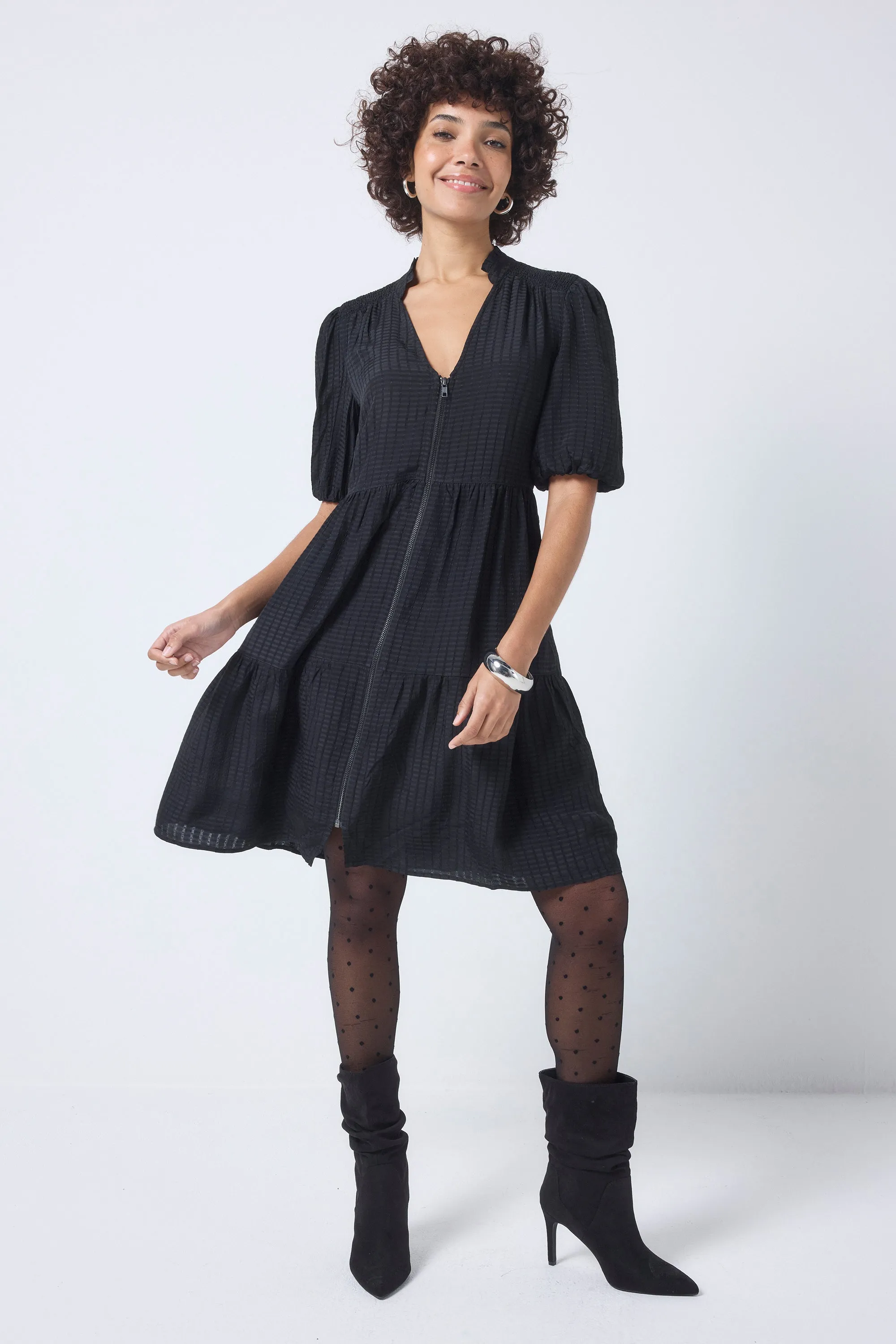 Black Textured Zip Detail Tiered Short Dress