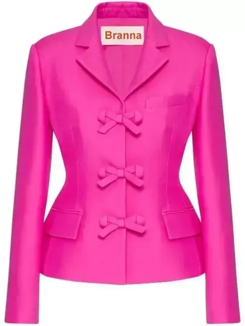 Bow-Embellished Hot Pink Single-Breasted Blazer