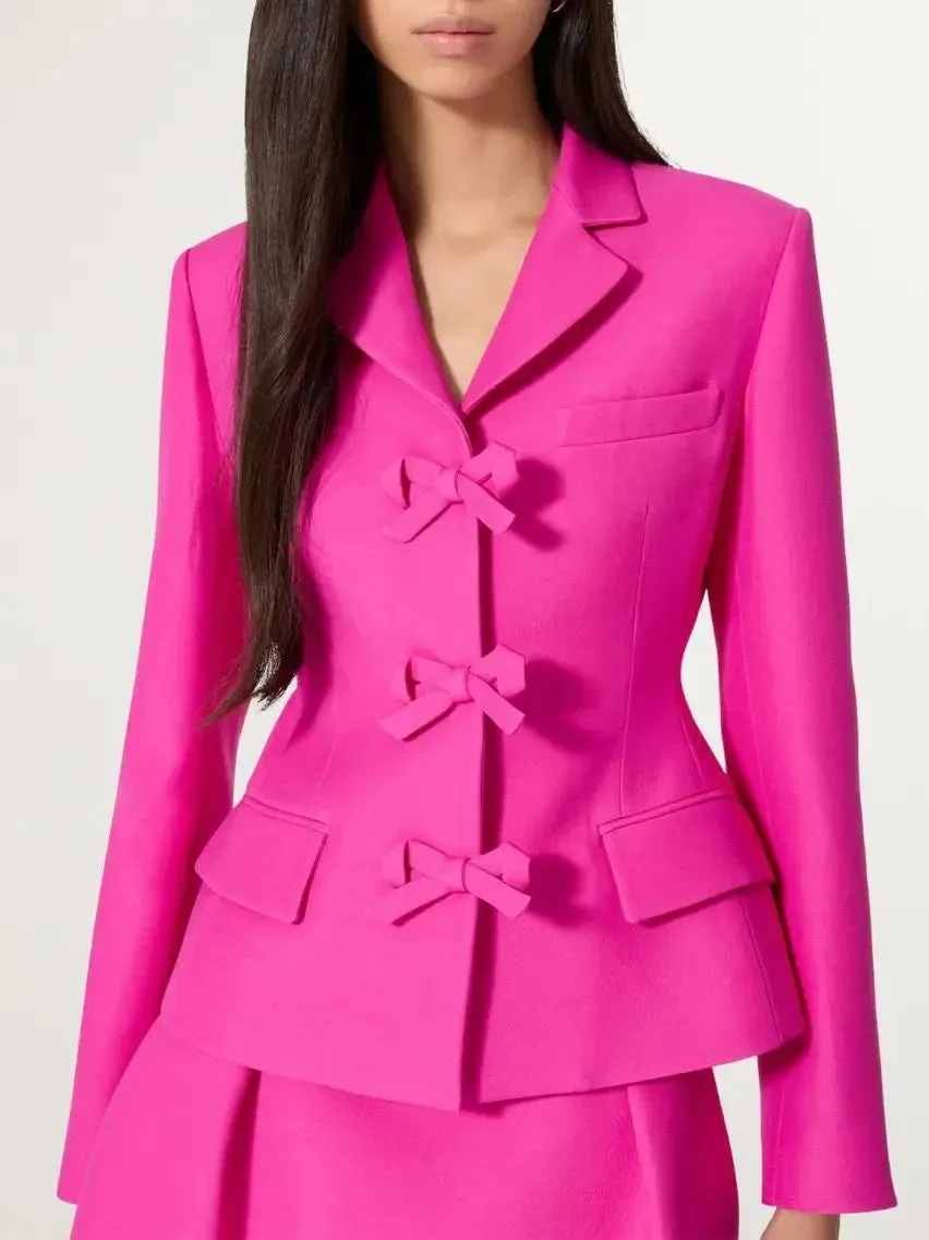 Bow-Embellished Hot Pink Single-Breasted Blazer