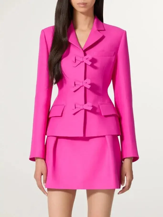 Bow-Embellished Hot Pink Single-Breasted Blazer