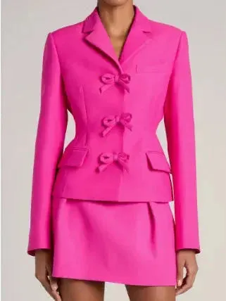 Bow-Embellished Hot Pink Single-Breasted Blazer