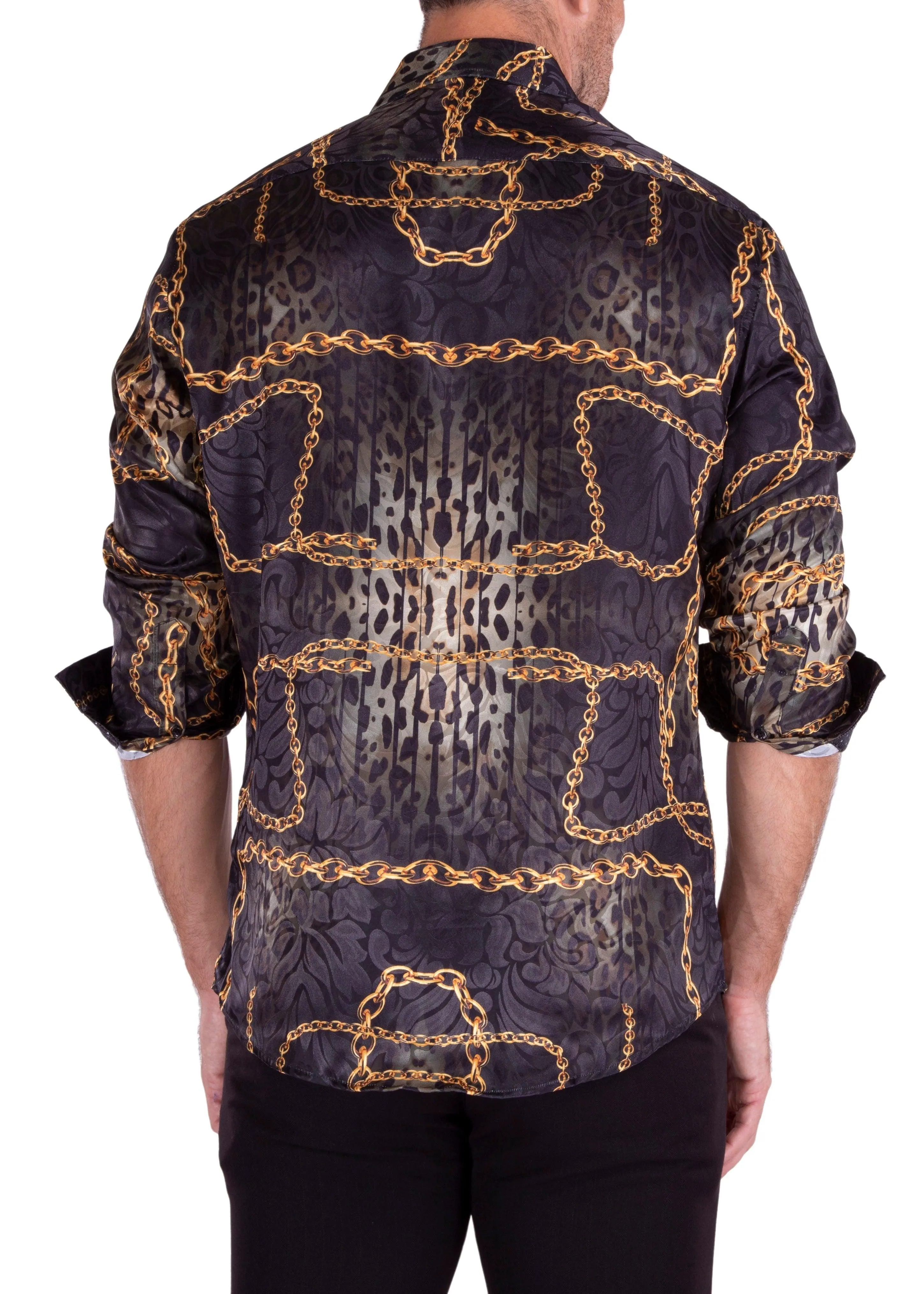 Cheetah & Chain Silk Texture Long Sleeve Dress Shirt Black