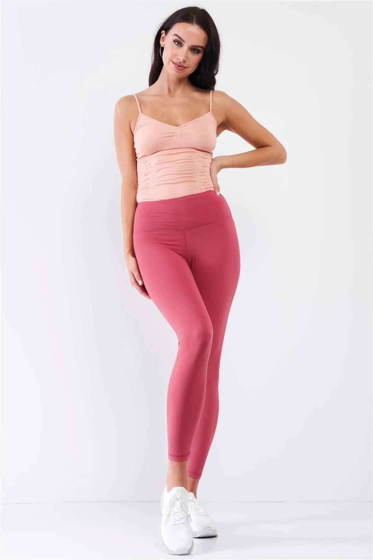 Coral Pink Mid-Rise Inner Waist Pocket Detail Tight Fit Soft Yoga & Work Out Legging Pants /1-2-2-1