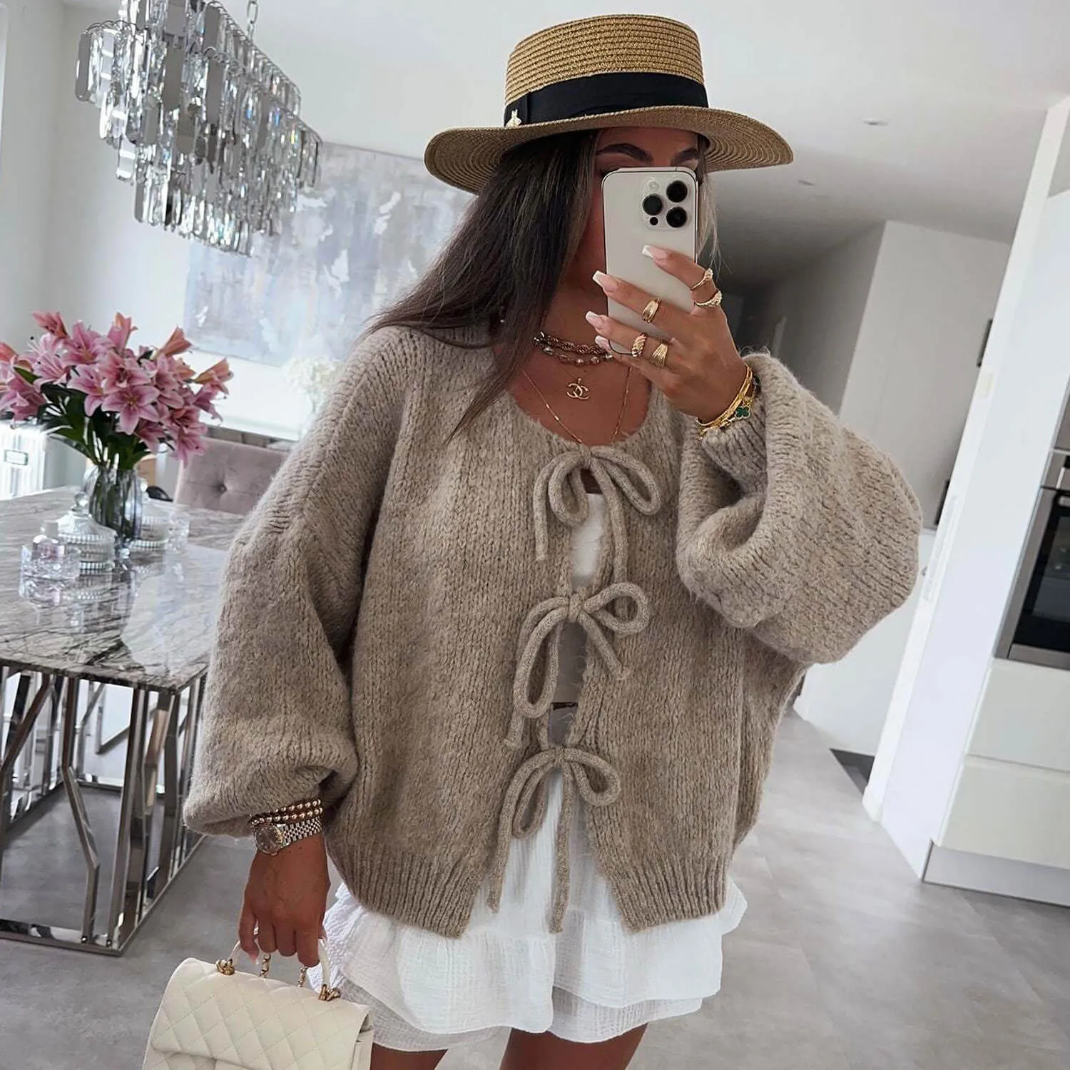 Cute Crew Neck Drop Shoulder Blouson Sleeve Oversized Bow Tie Cardigan