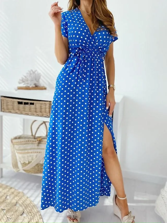 Dunnmall Women's Chiffon Dress Maxi Long Dress White Blue Red Navy Blue Short Sleeve Polka Dot Summer V Neck Sexy Boho 2021 S M L XL XXL