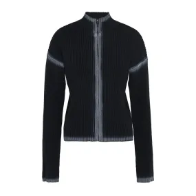 Edge Contrast Spray Paint Effect Long Sleeve Ribbed Knit Zip Up Cardigan