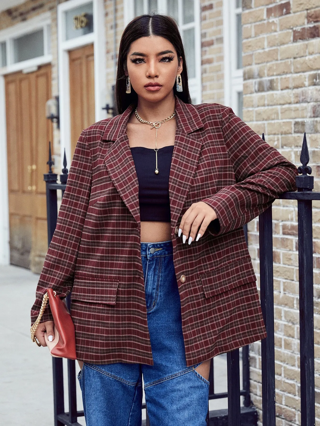 Elegant Plaid Button Front Long Sleeve Lapel Long Plus Size Blazer