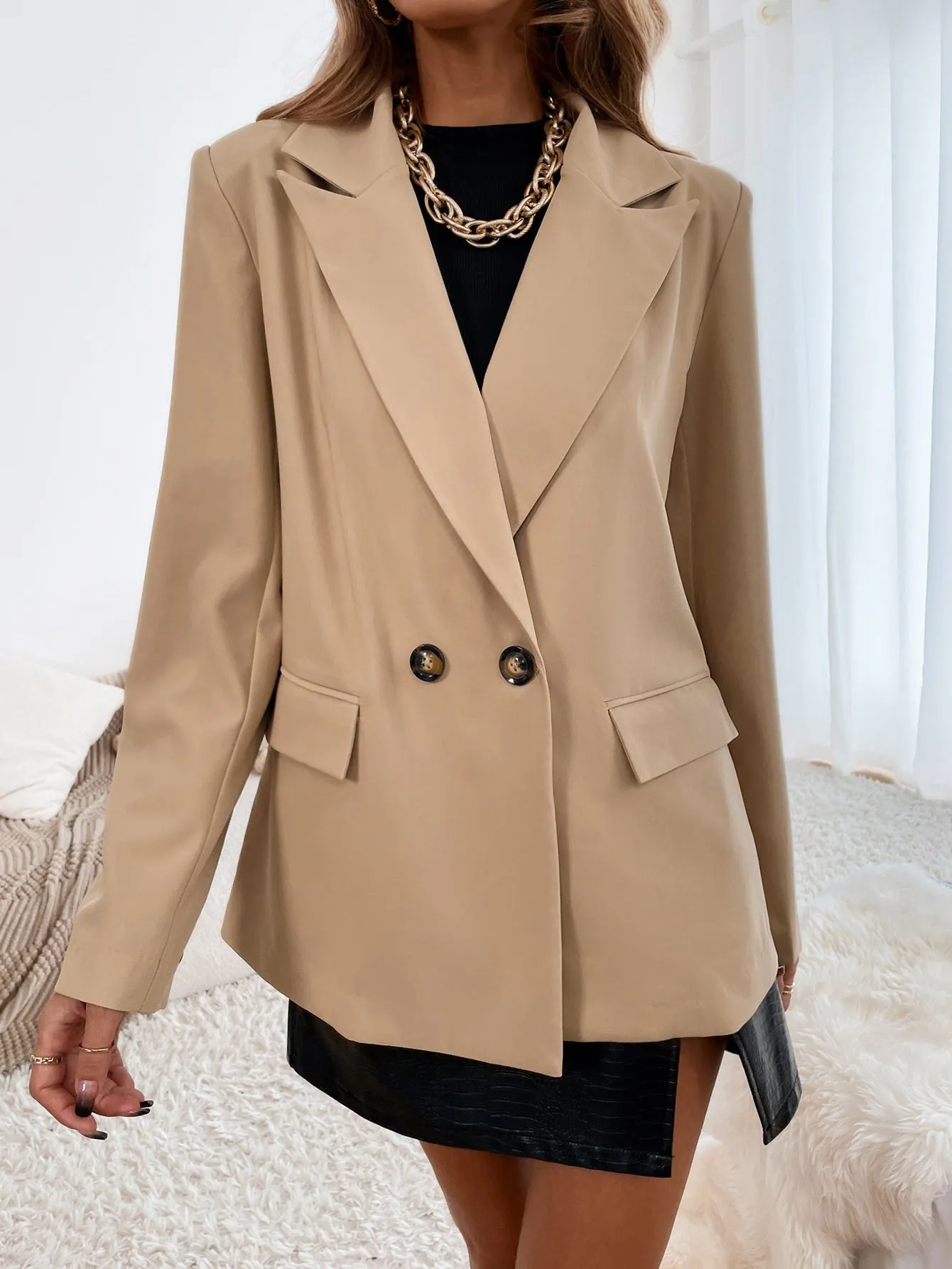 Elegant Plain Pocket Long Sleeve Lapel Regular Women Blazer