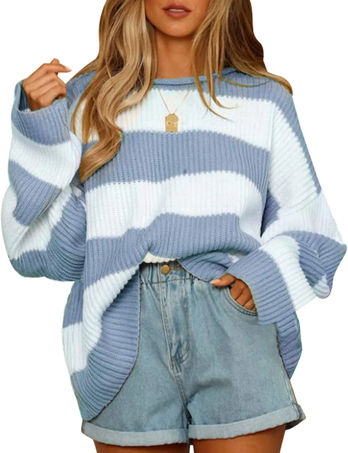 FashionSierra - Women's Long Sleeve Crew Neck Striped Color Block Comfy Loose Oversized Knitted Pullover Sweater