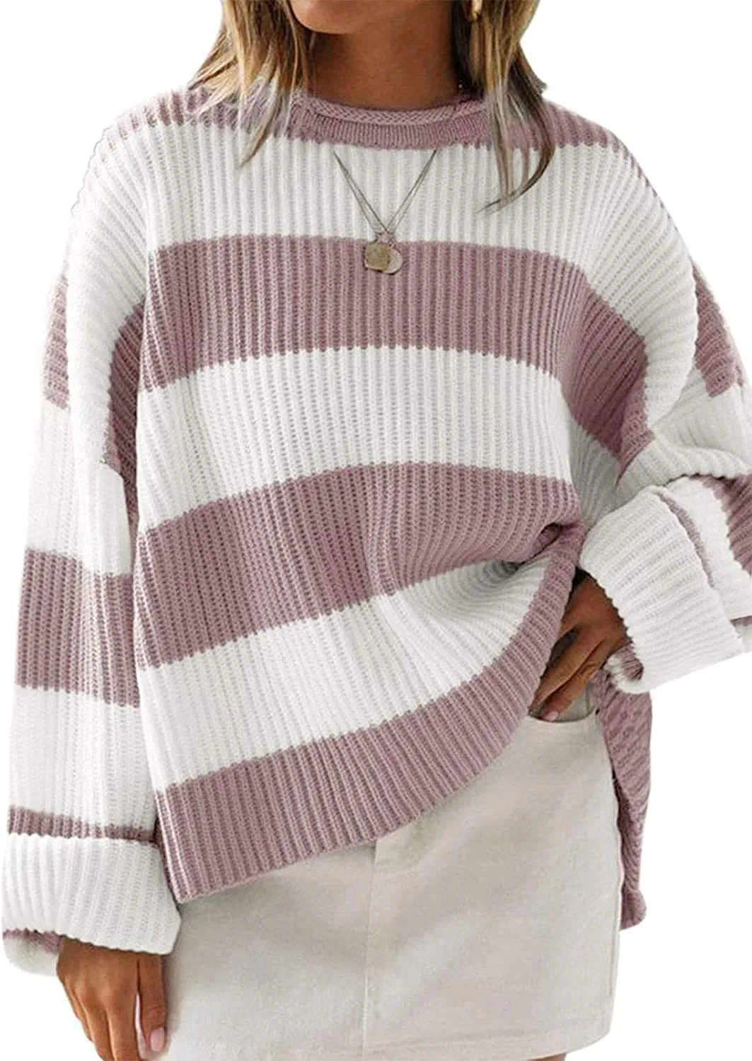 FashionSierra - Women's Long Sleeve Crew Neck Striped Color Block Comfy Loose Oversized Knitted Pullover Sweater