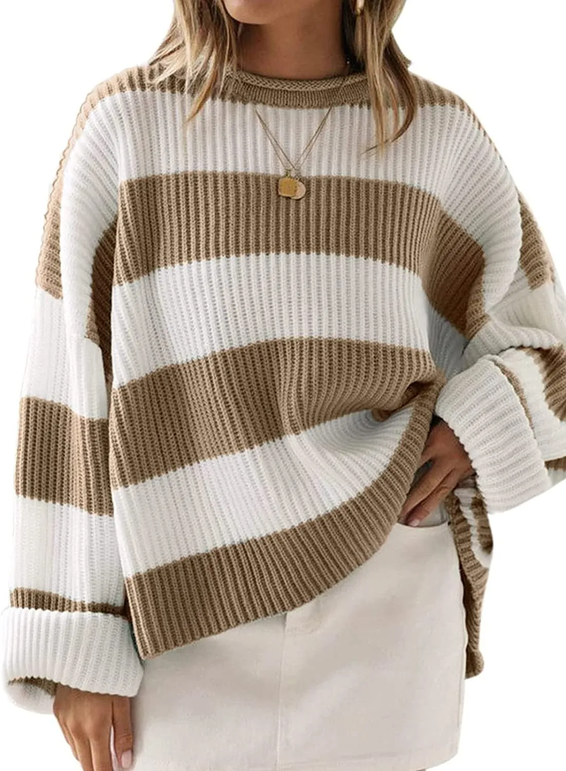 FashionSierra - Women's Long Sleeve Crew Neck Striped Color Block Comfy Loose Oversized Knitted Pullover Sweater