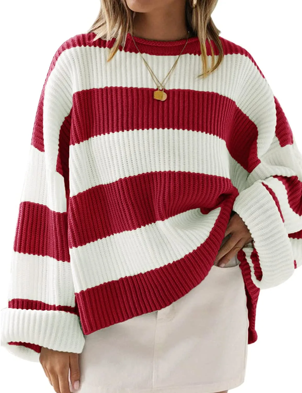 FashionSierra - Women's Long Sleeve Crew Neck Striped Color Block Comfy Loose Oversized Knitted Pullover Sweater