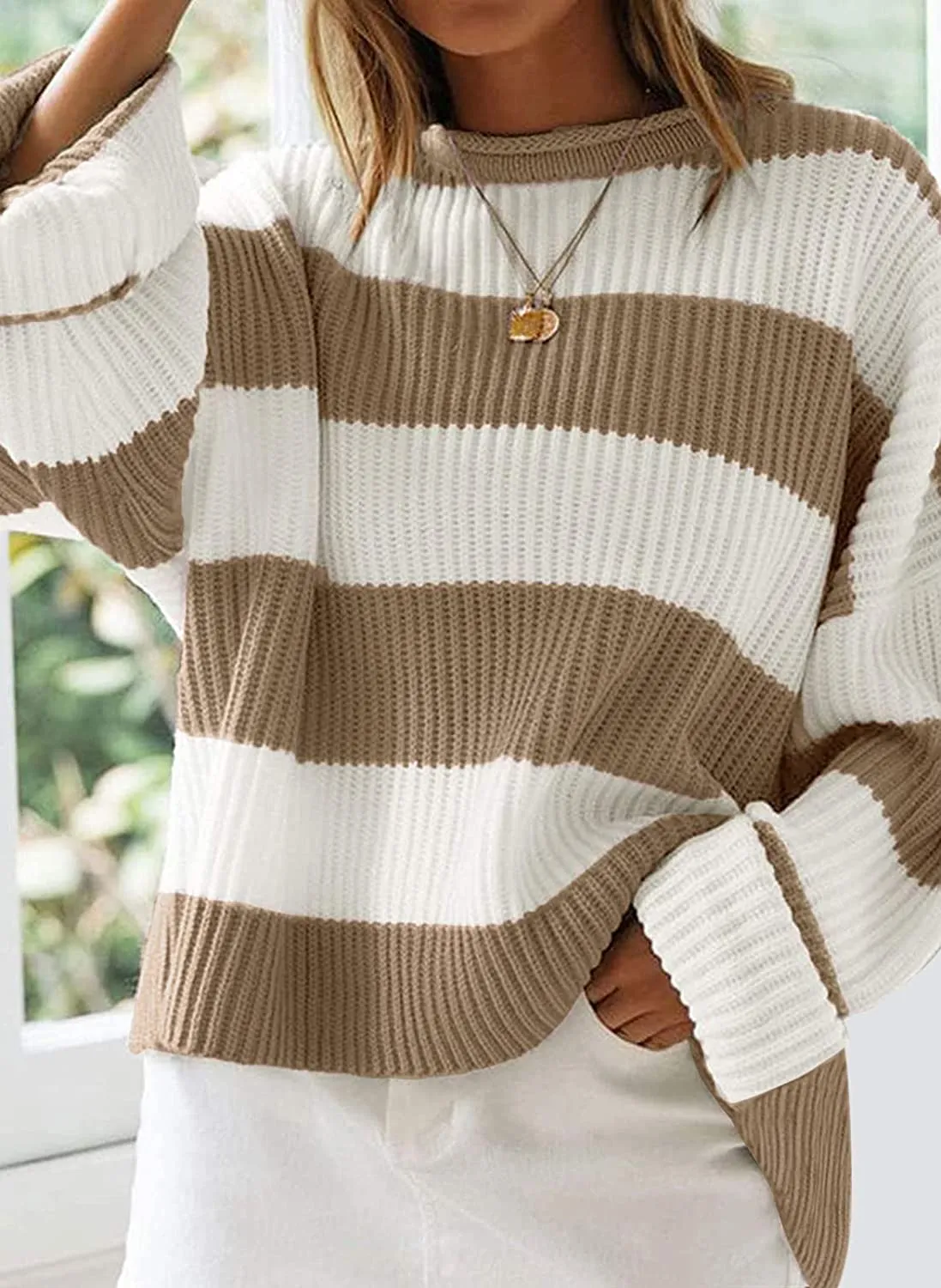 FashionSierra - Women's Long Sleeve Crew Neck Striped Color Block Comfy Loose Oversized Knitted Pullover Sweater