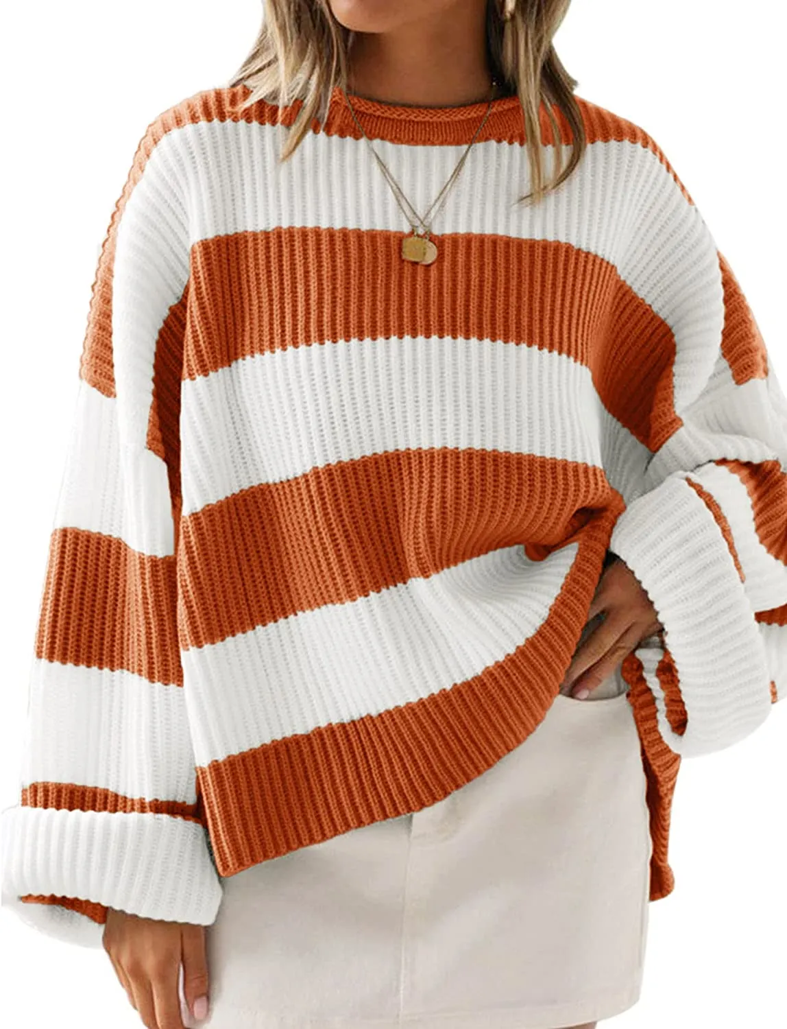 FashionSierra - Women's Long Sleeve Crew Neck Striped Color Block Comfy Loose Oversized Knitted Pullover Sweater