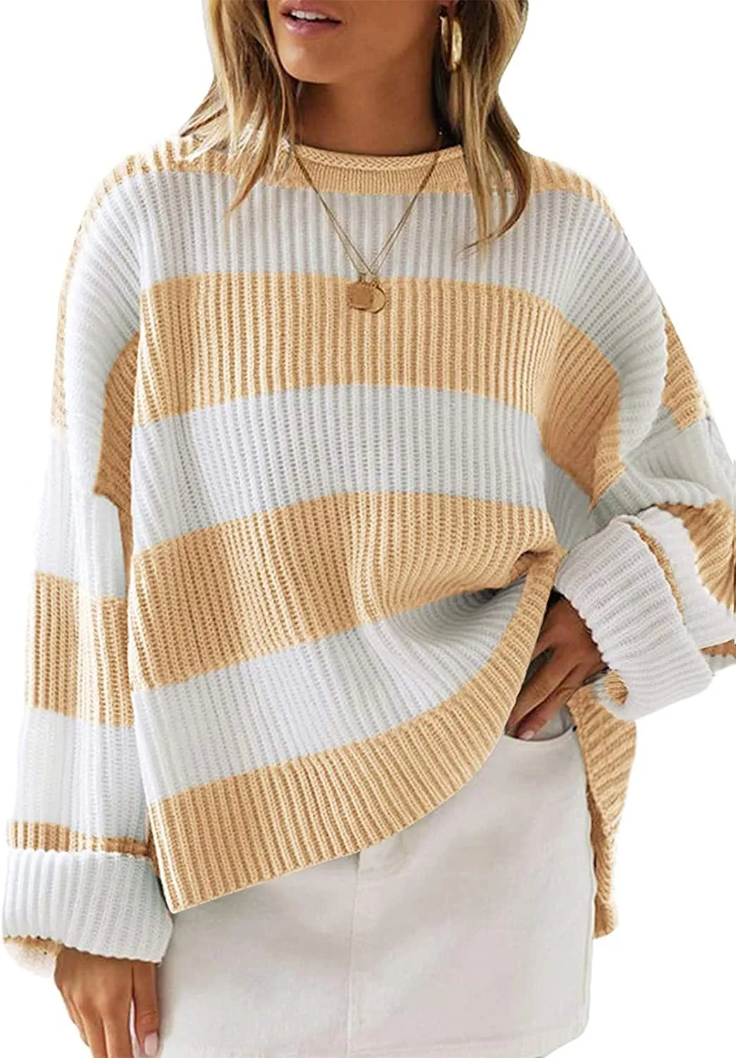 FashionSierra - Women's Long Sleeve Crew Neck Striped Color Block Comfy Loose Oversized Knitted Pullover Sweater