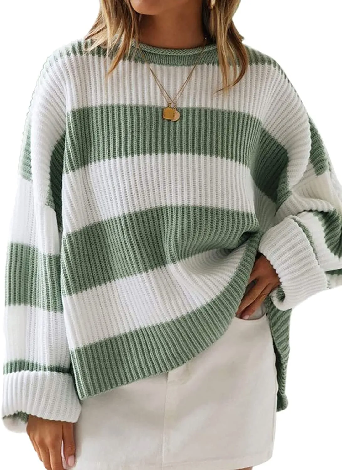 FashionSierra - Women's Long Sleeve Crew Neck Striped Color Block Comfy Loose Oversized Knitted Pullover Sweater