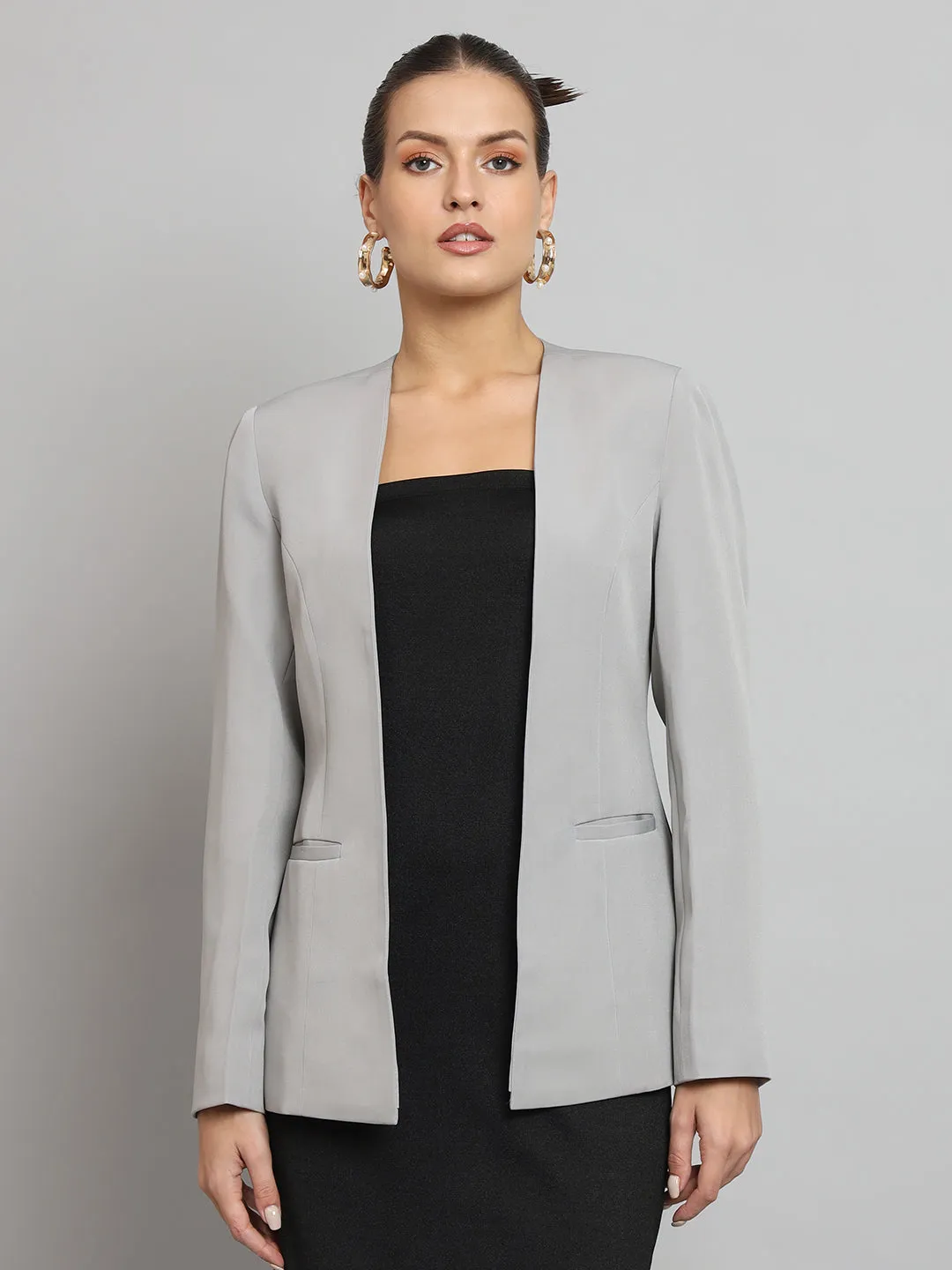 Grey Polyester Lapel Less Stretch Blazer