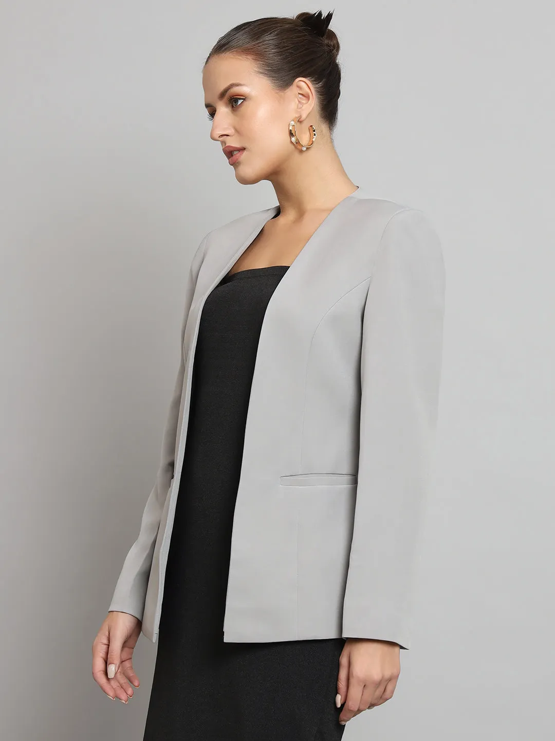 Grey Polyester Lapel Less Stretch Blazer