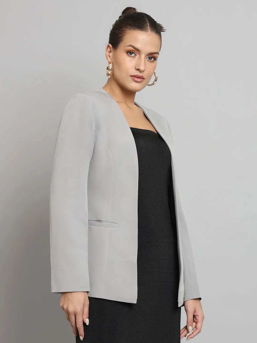 Grey Polyester Lapel Less Stretch Blazer