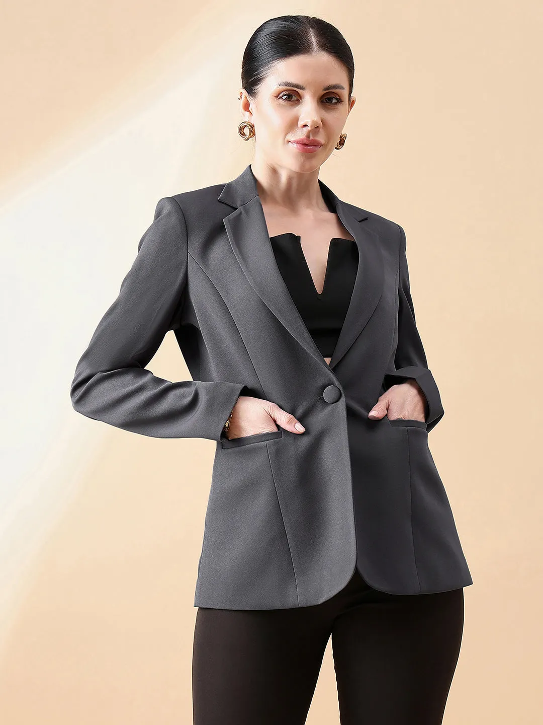 Grey Polyester Notch Collar Stretch Blazer