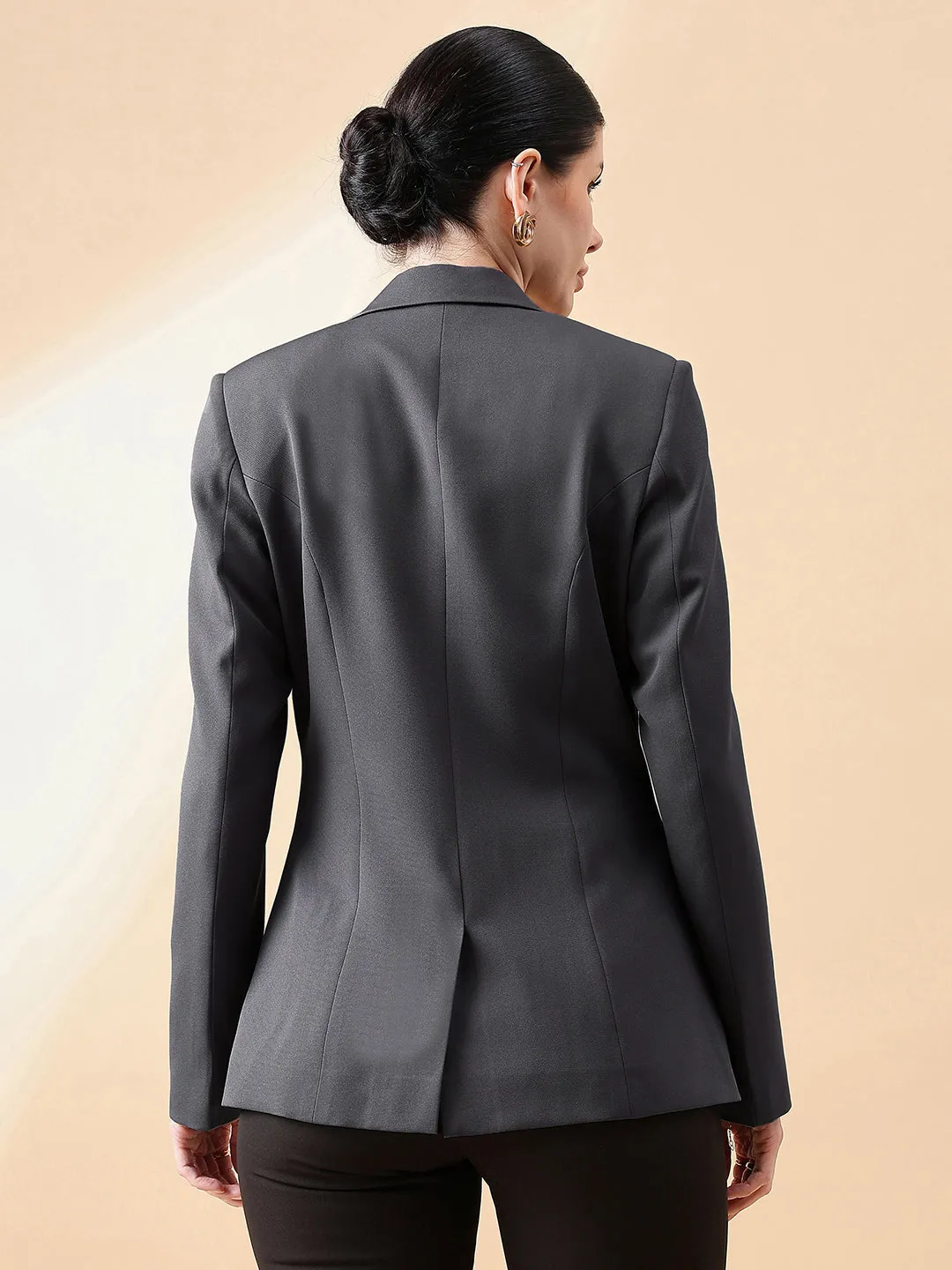 Grey Polyester Notch Collar Stretch Blazer