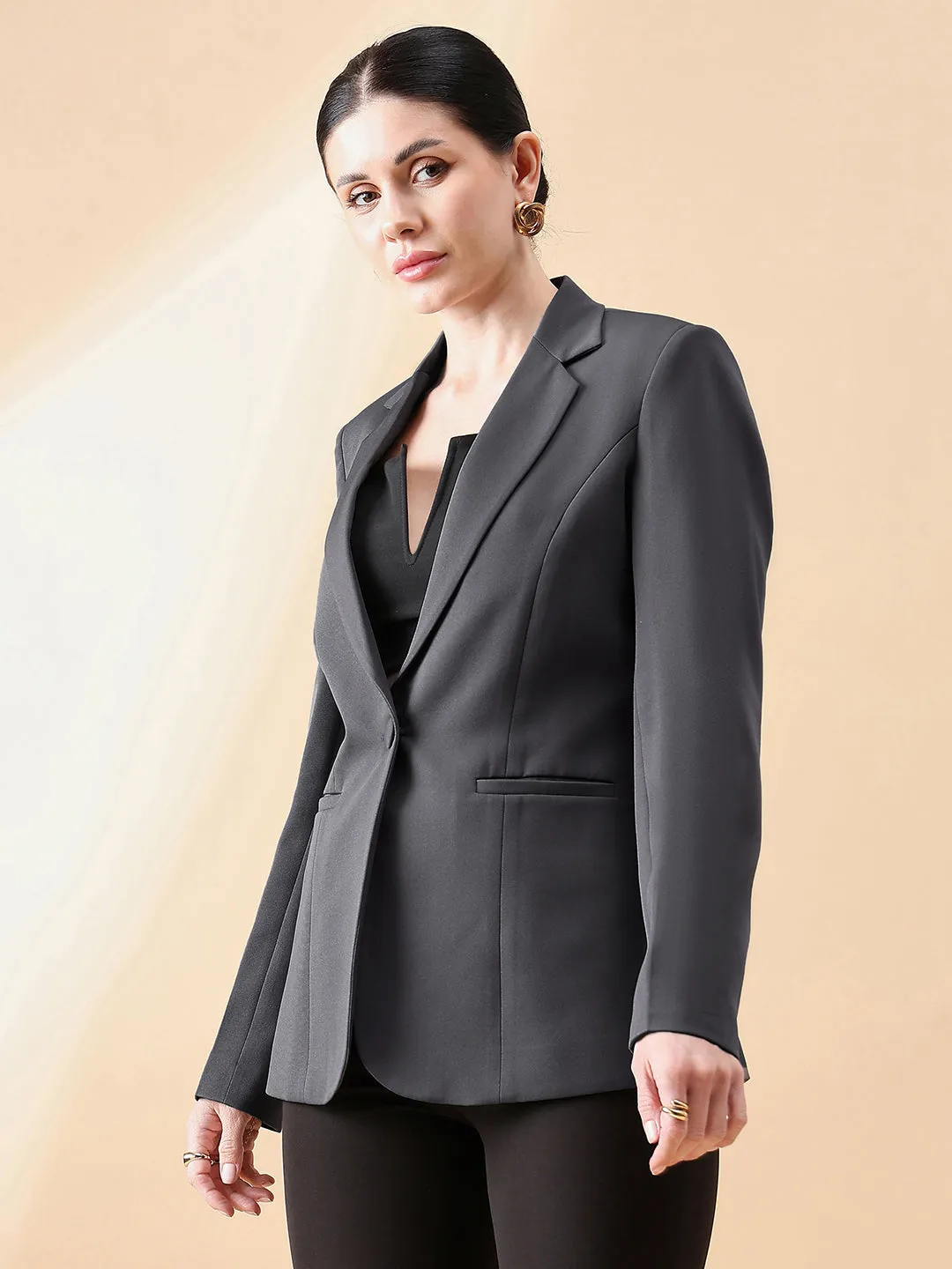 Grey Polyester Notch Collar Stretch Blazer