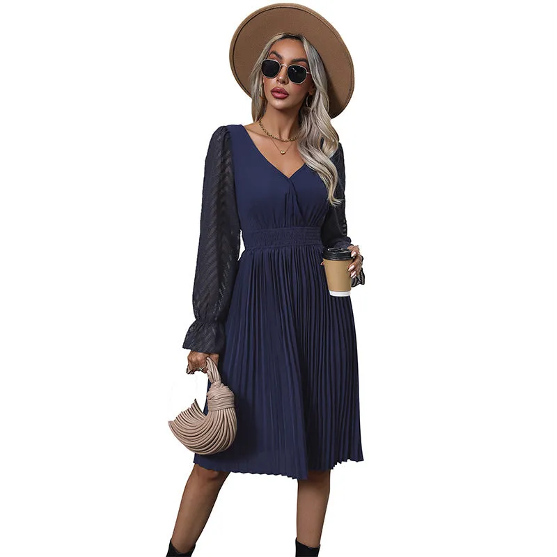 Lace Long Sleeve Solid Color Blackless Pleated Dresses Wholesale Womens Clothing N3824082900003