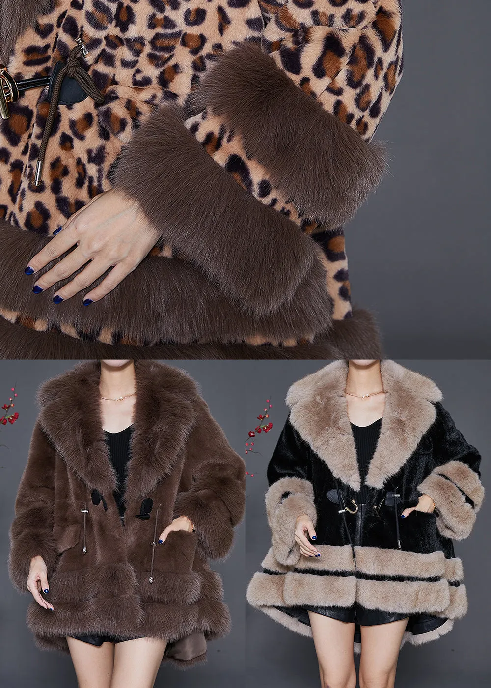 Leopard Print Faux Leather And Fur CoatS Oversized Drawstring Winter ML1843