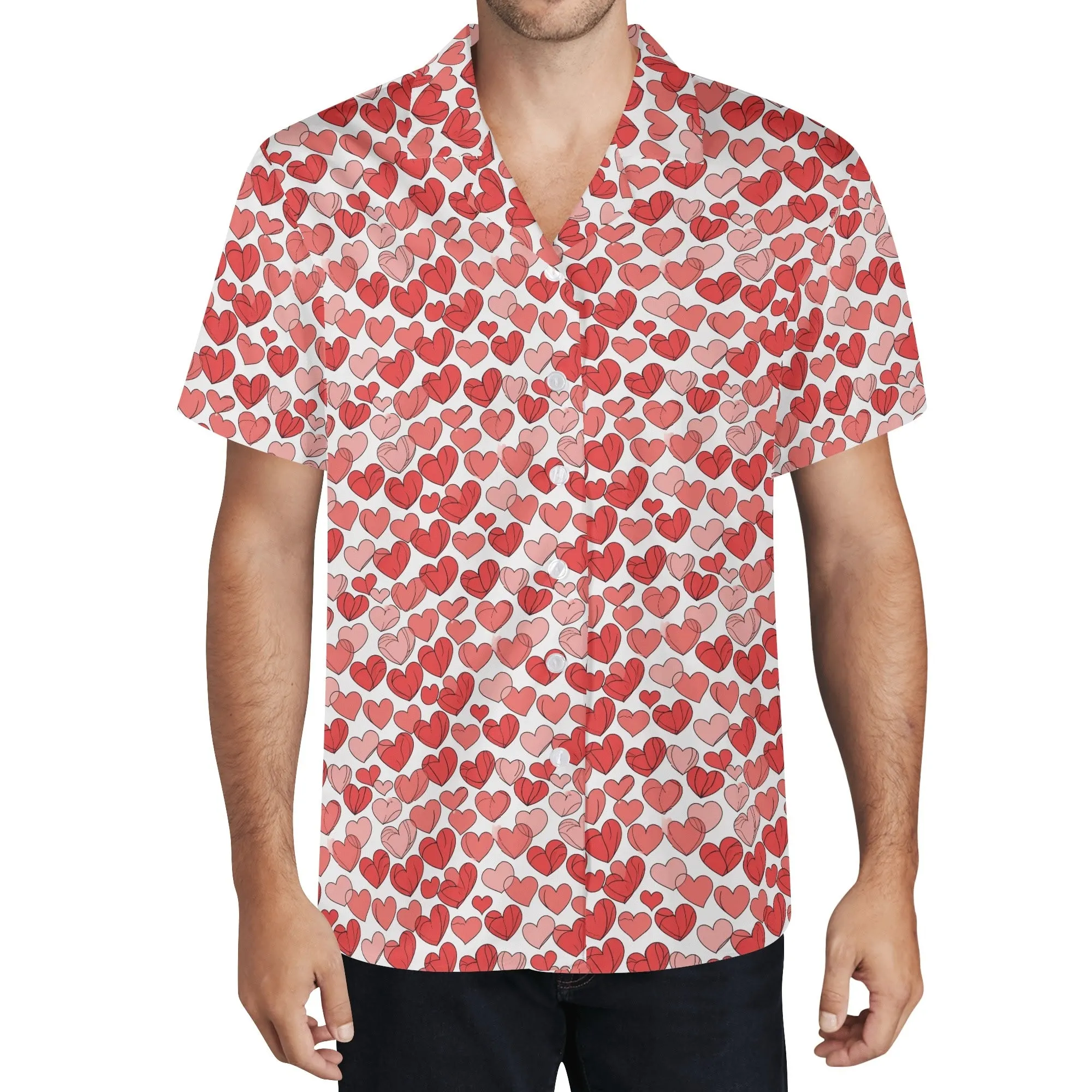 Little Red Hearts Mens Casual Hawaiian Shirt