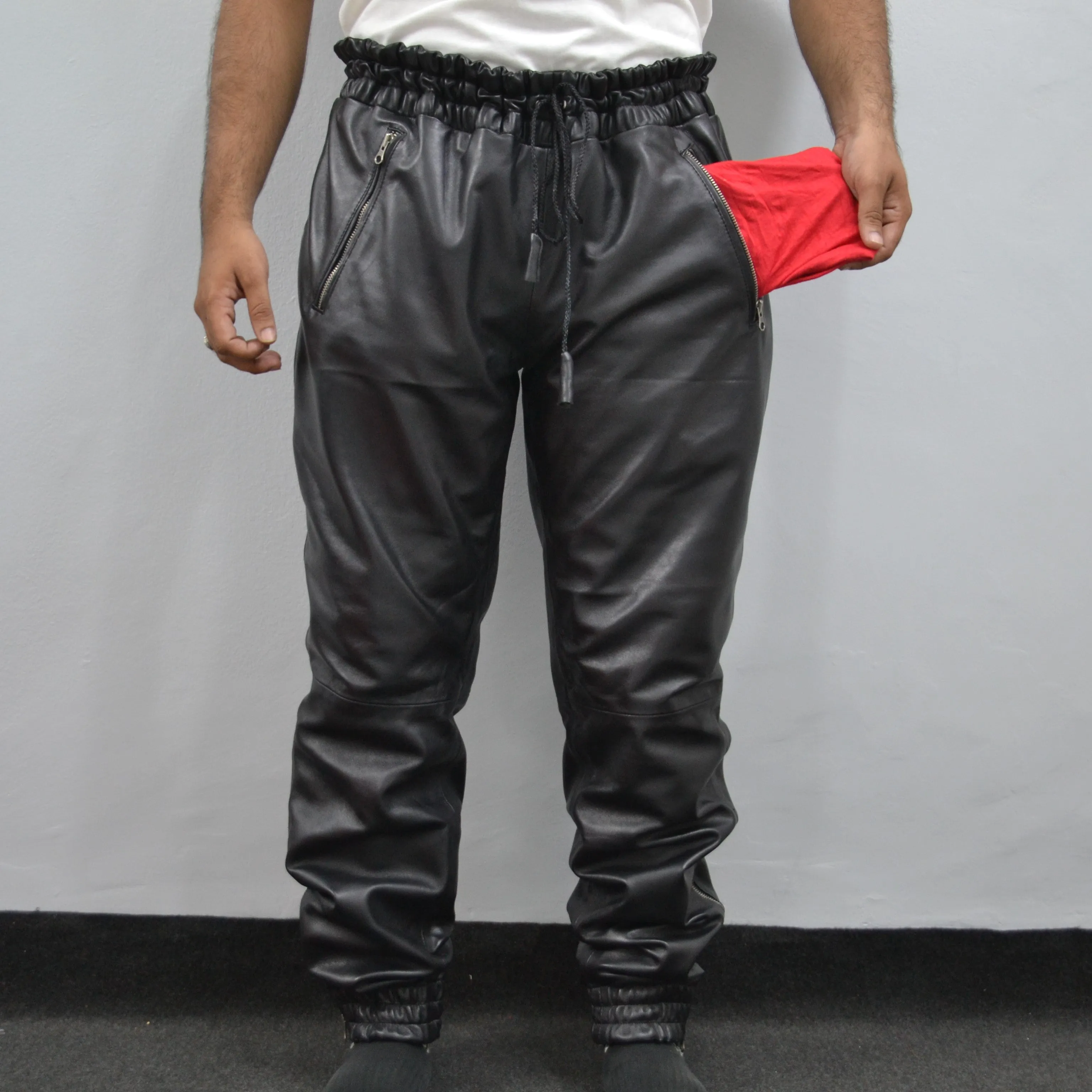 Men's Black Real Soft Genuine Leather Trousers Sweat Track Jogging Pant