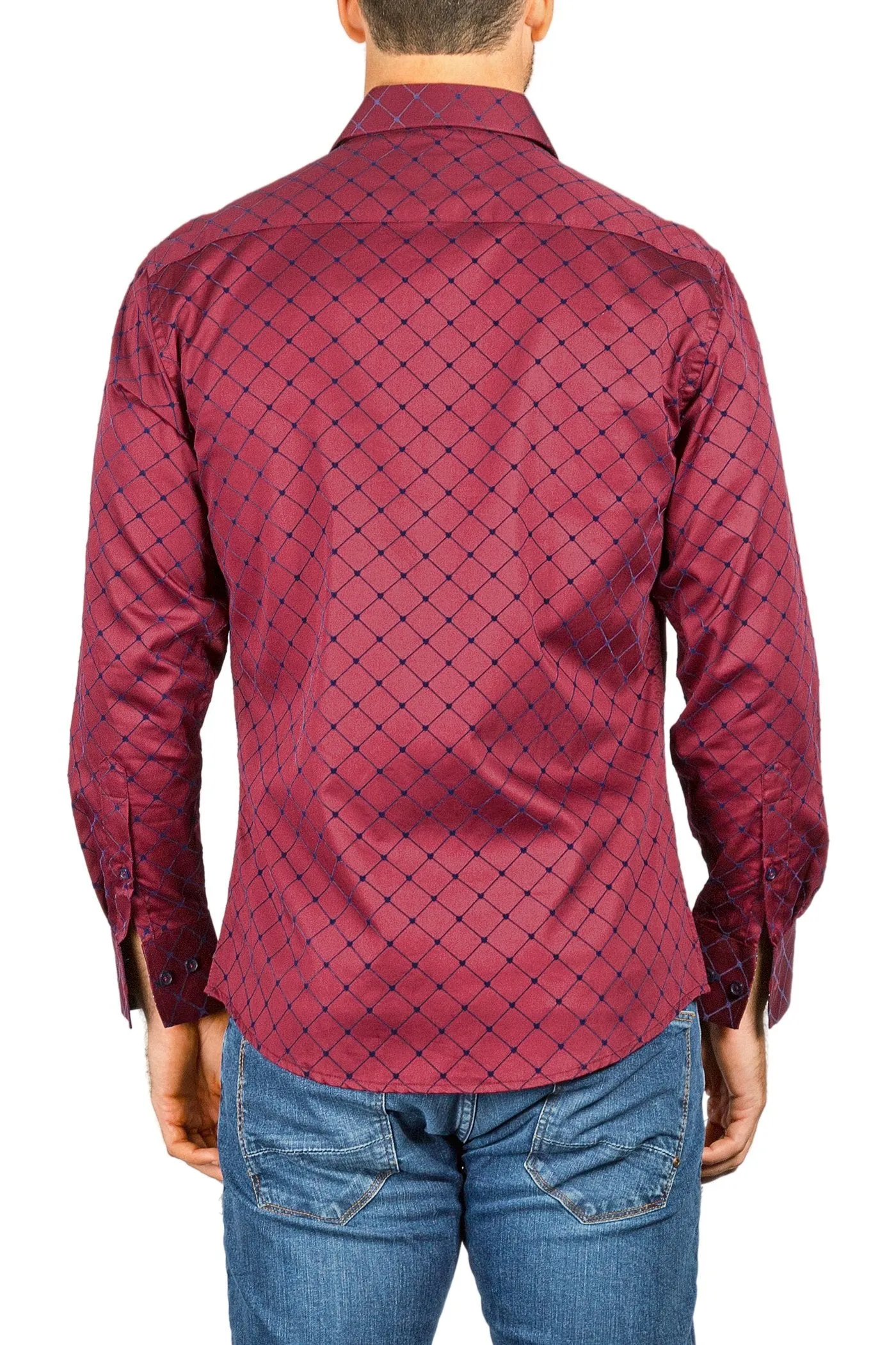 Men's Modern Fit Cotton Button Up Burgundy Checker