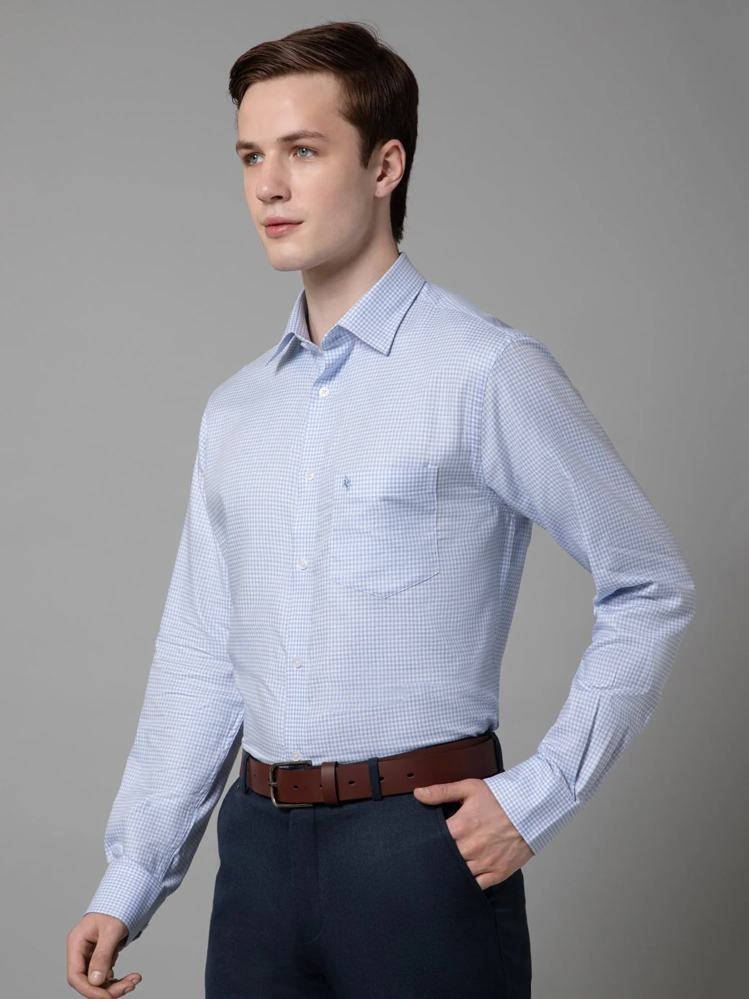 Men's Sky Blue Formal Micro Checks Full Sleeve Shirt