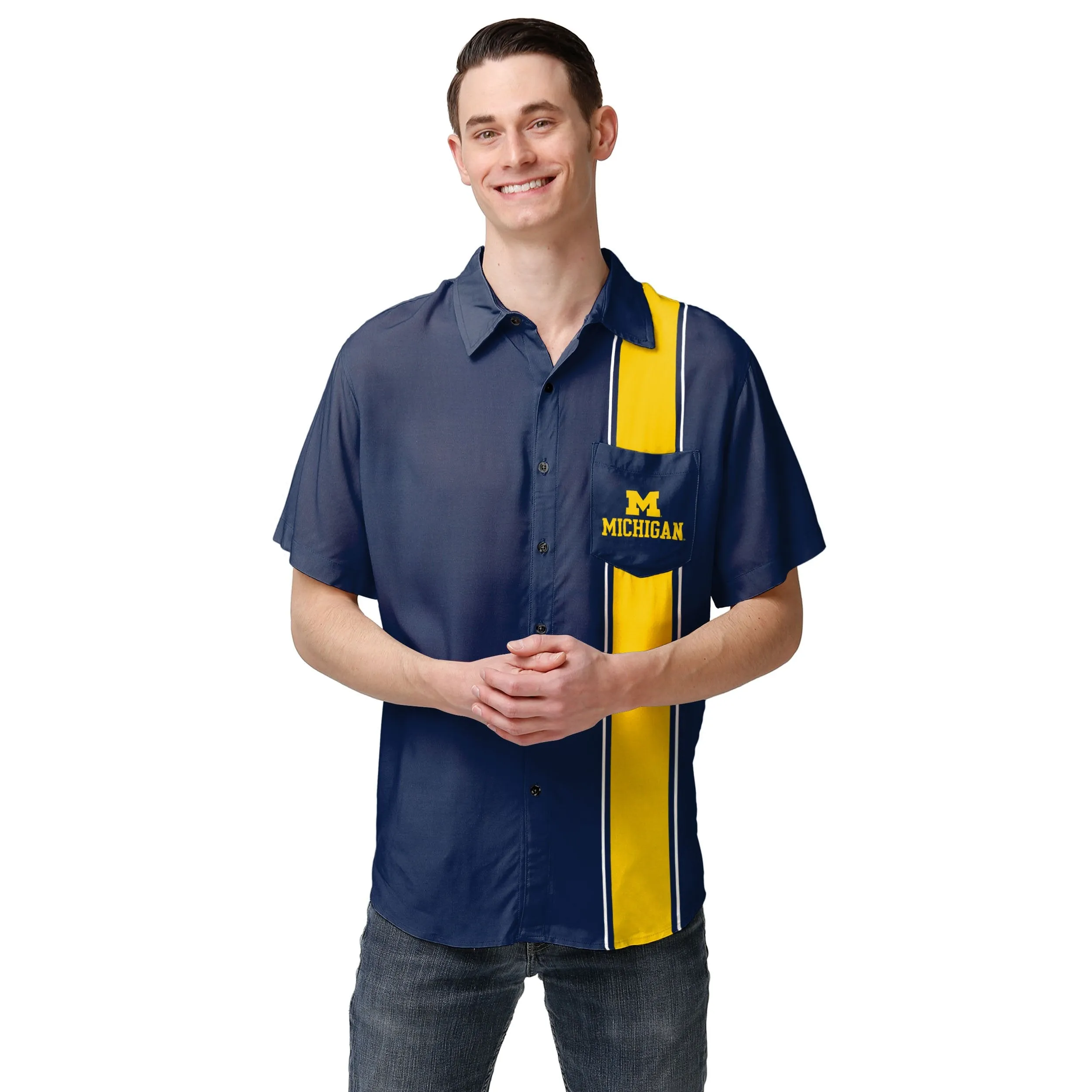 Michigan Wolverines NCAA Mens Bowling Stripe Button Up Shirt