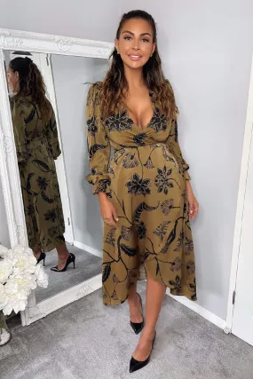 Multi Floral Print Long Sleeve Wrap Midi Dress