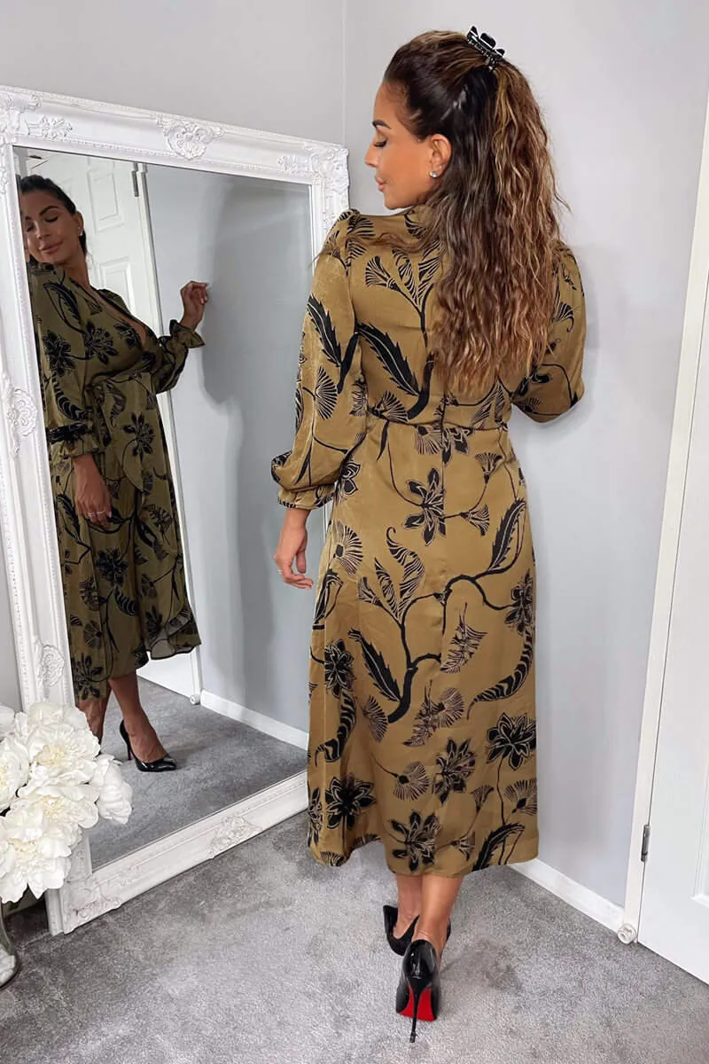 Multi Floral Print Long Sleeve Wrap Midi Dress