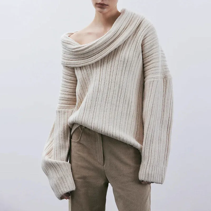 Oversized Funnel Neck Drop Shoulder Long Sleeve Chunky Knit Pullover Sweater