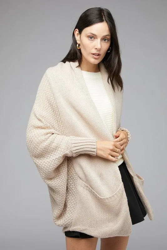 Pattern Knit Dolman Sleeve Solid Slouch Cardigan