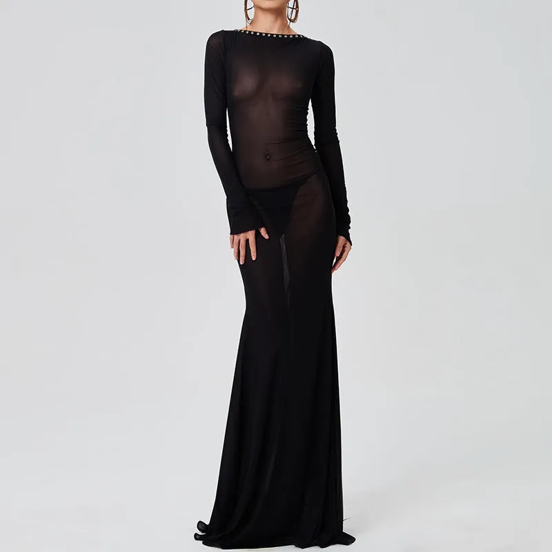 Perspective Sexy Mesh Open Back Round Neck Long Sleeve Dress Wholesale Dresses