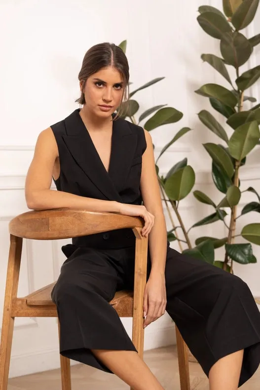 Plain Cropped Sleeveless Suit Vest Black